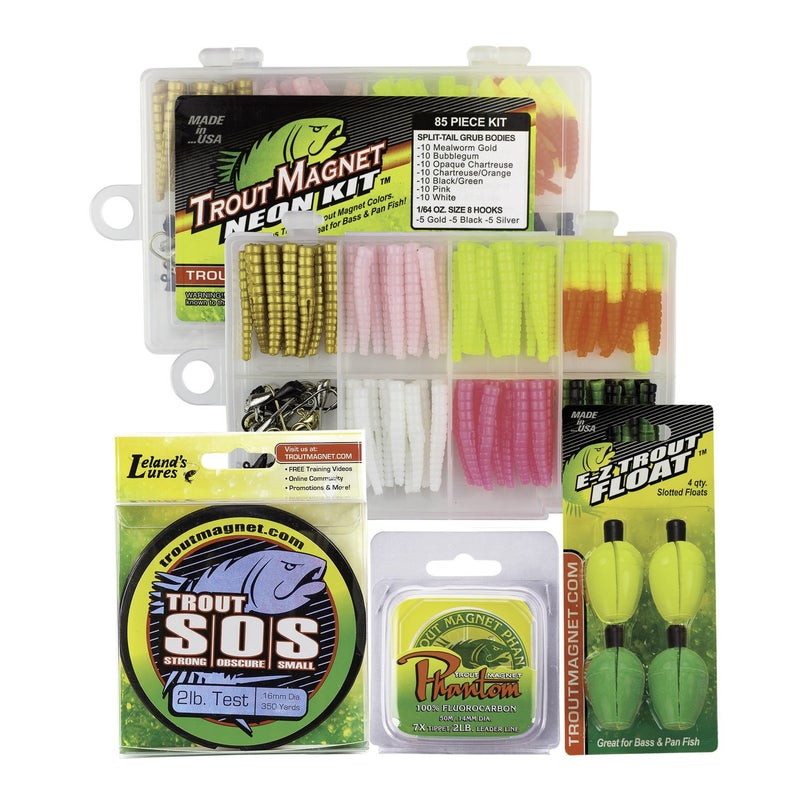 Trout Magnet Ultimate Bundle - 82 pc Trout Fishing Gear Kit - 350 Yard Trout S.O.S. Monofilament Fishing Line, Phantom Fluorocarbon Leader Line, 4 E-ZTrout Floats - Image 1